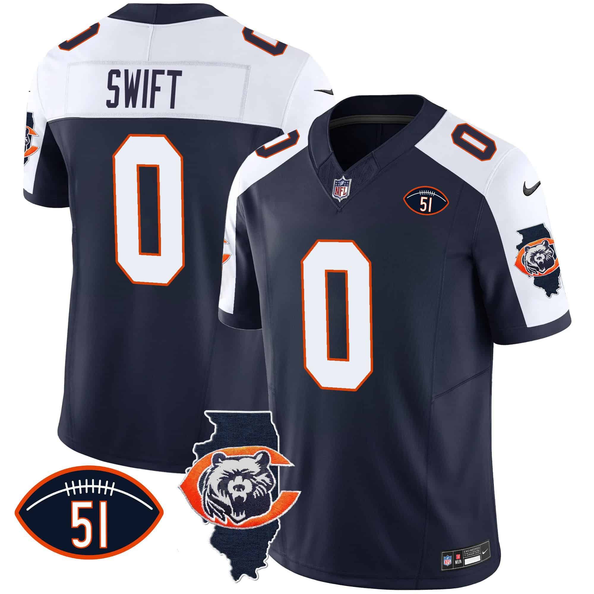Men Chicago Bears #0 Swift Blue 2024 Nike Throwback Illinois Patch Vapor NFL Jersey